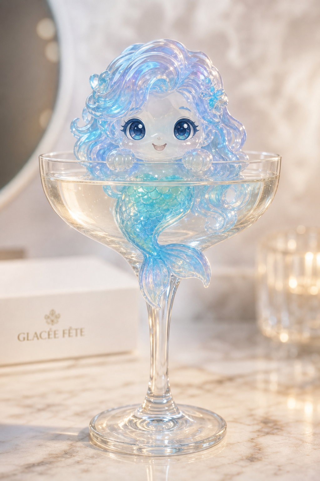 Glacée Fête iridescent mermaid ice figurine with flowing pastel hair and shimmering scaled tail perched in a crystal champagne coupe on white marble, with a Glacée Fête gift box in the background