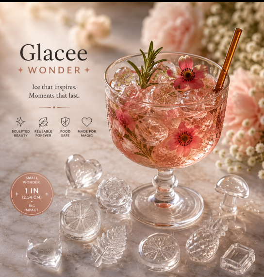 Glacee Wonders in service — a reusable clear ice sphere and lemon-slice ice in a cut-crystal whiskey glass beside a coupe cocktail with a clear ice rose on a dark marble bar