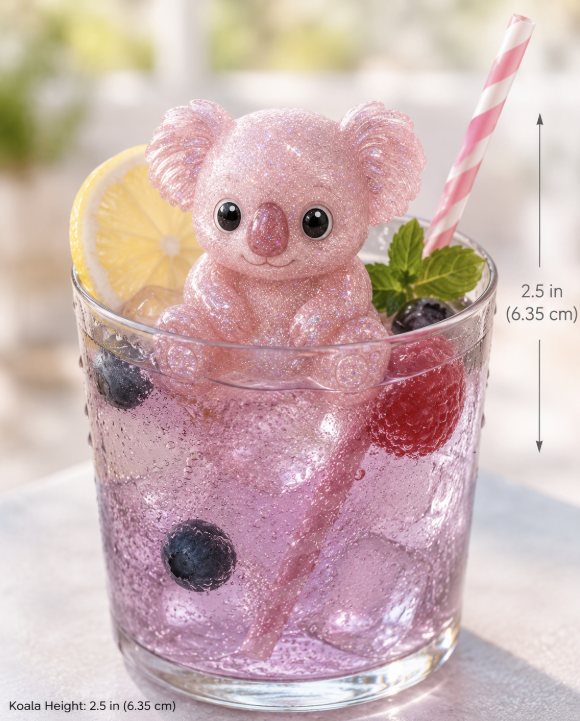 Glacée Fête pink koala ice figurine peeking over the rim of a lowball glass filled with lavender berry soda, lemon wheel, mint sprig, and pink striped straw