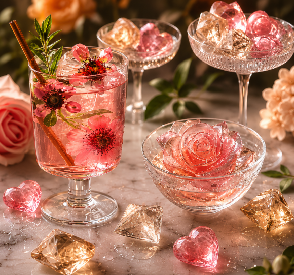 Glacee Gems styled scene — a floral cocktail with pressed blossoms, coupes of pink heart and champagne diamond ice, and a sculpted crystal ice rose in a footed bowl on marble