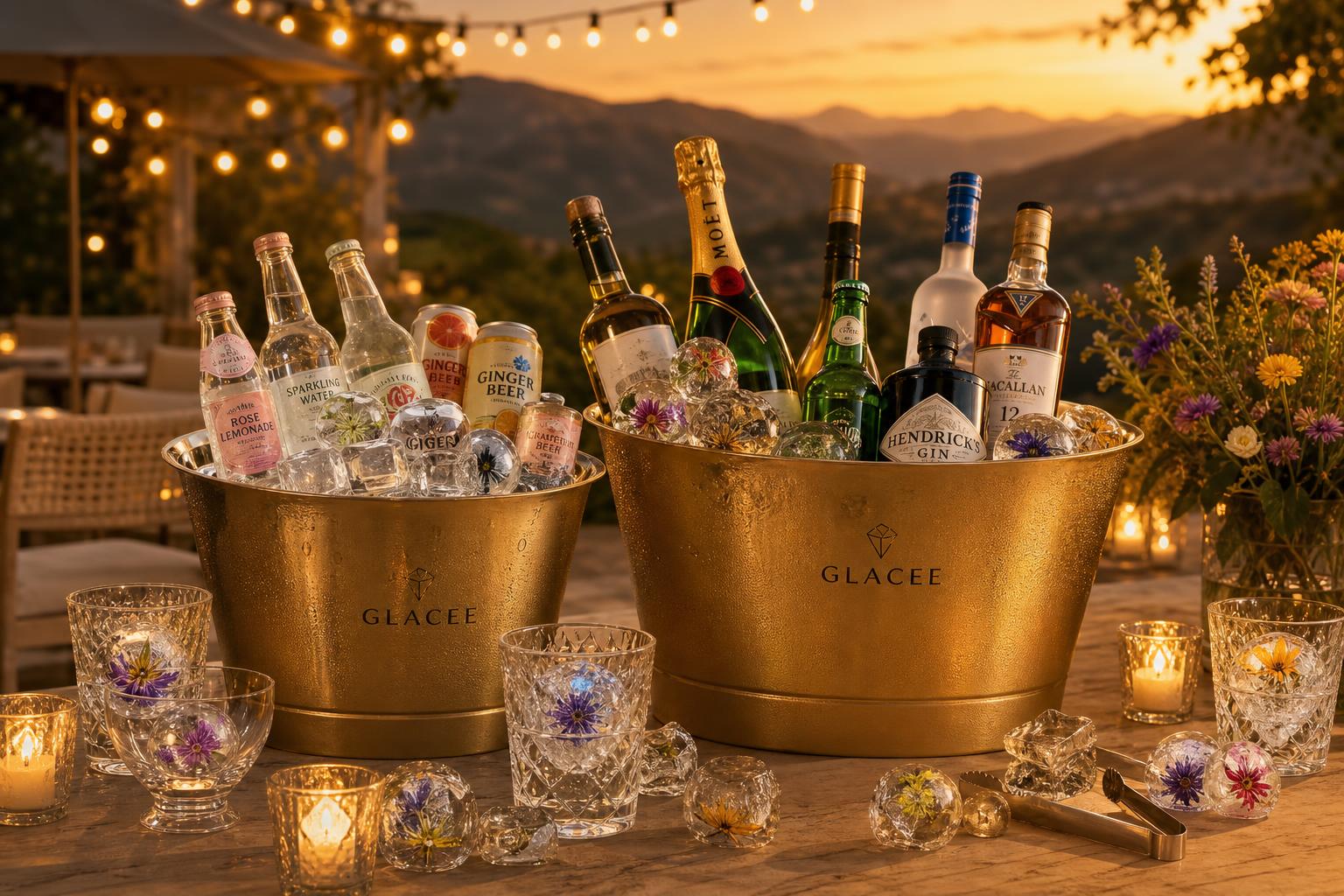 Two Glacee branded ice buckets on an outdoor table with drinks, candles, spirits, and decorative Glacee ice overlooking hills at dusk