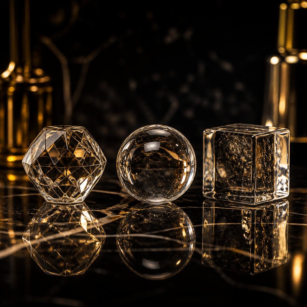 Three sculptural crystal-clear reusable ice pieces in a row on dark obsidian marble — a faceted diamond cut, a perfect sphere, and a classic square — refracting warm gold light against a deep black background