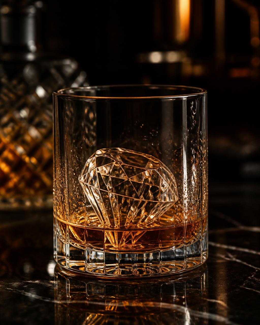 Glacée Gems diamond-cut ice in a whisky tumbler — a faceted crystal-clear ice sculpture refracting warm amber light inside a heavy glass on dark marble