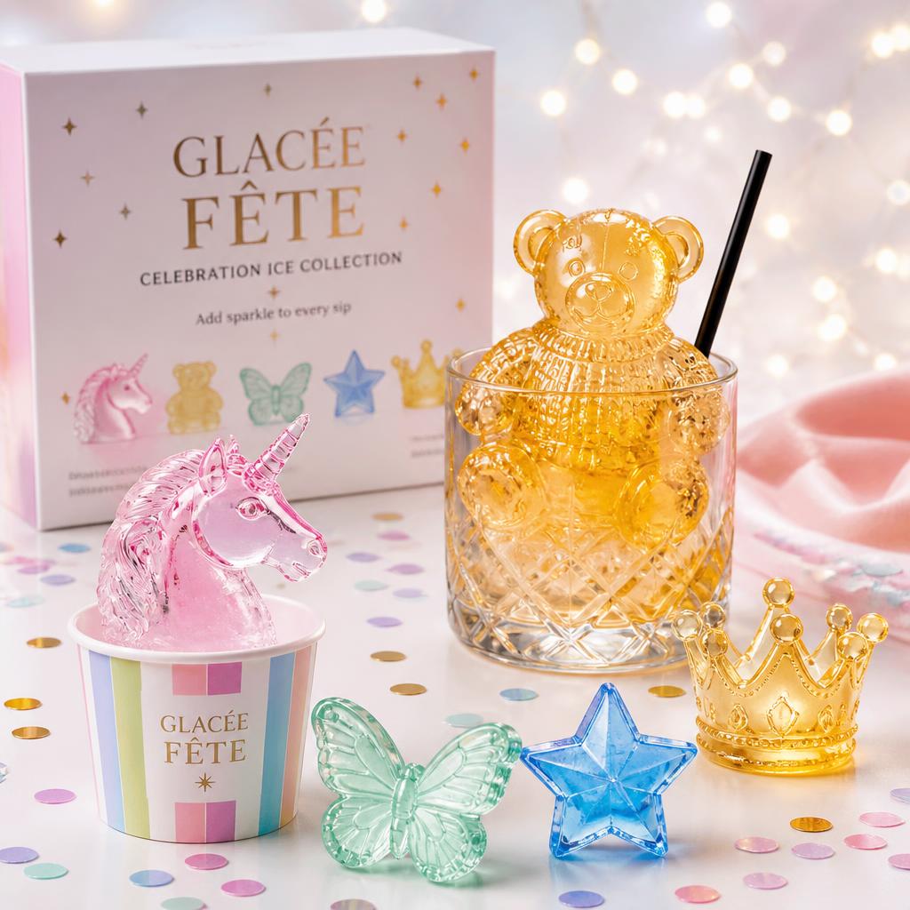Glacée Fête celebration ice collection — pink unicorn ice in a rainbow paper cup, an amber teddy bear ice in a lowball glass, mint butterfly, blue star and gold crown ice pieces on pastel confetti with twinkle lights