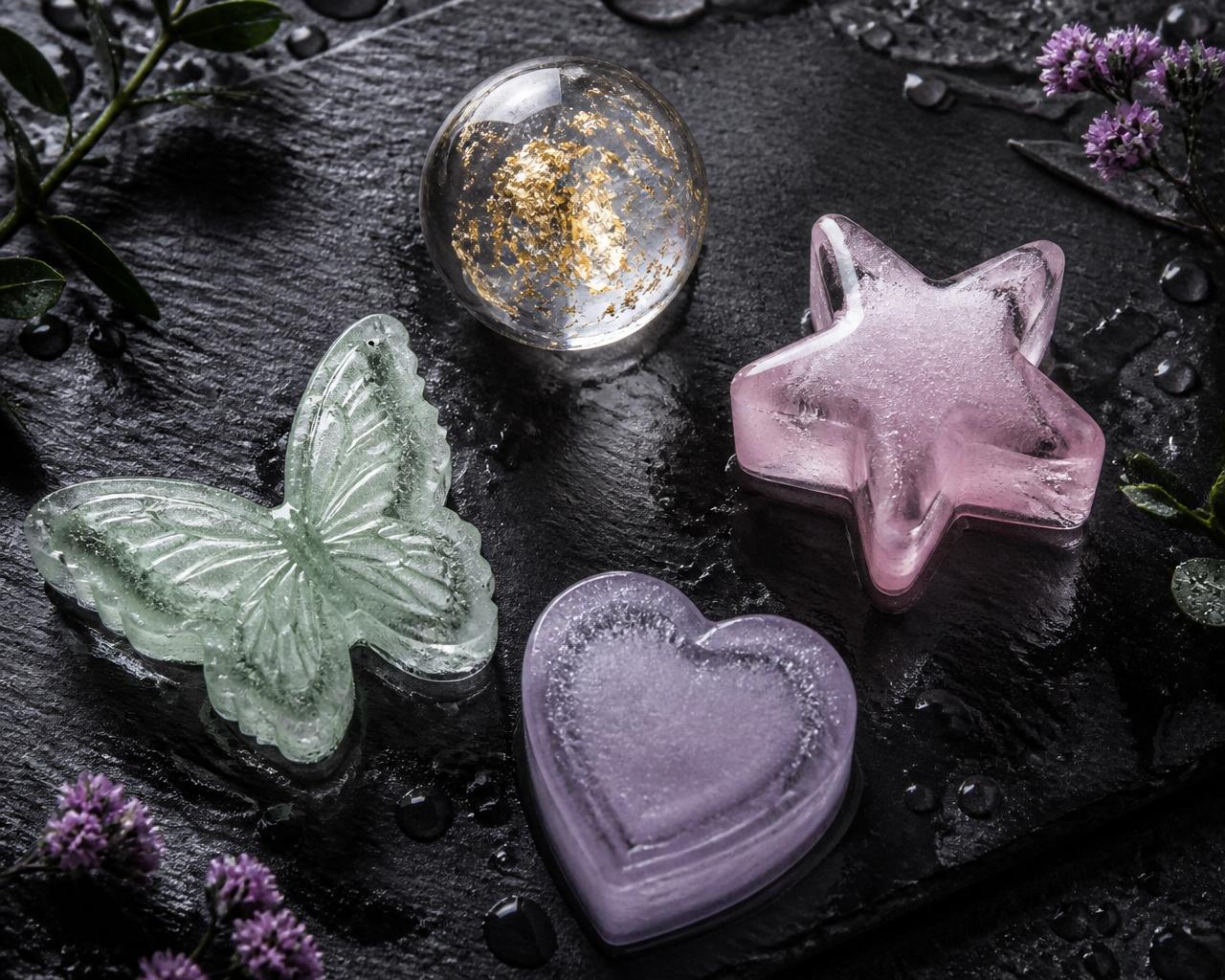 Overhead flat lay of Glacée reusable decorative ice on dark slate: gold-leaf sphere, blush-pink star, mint butterfly and lavender heart shapes