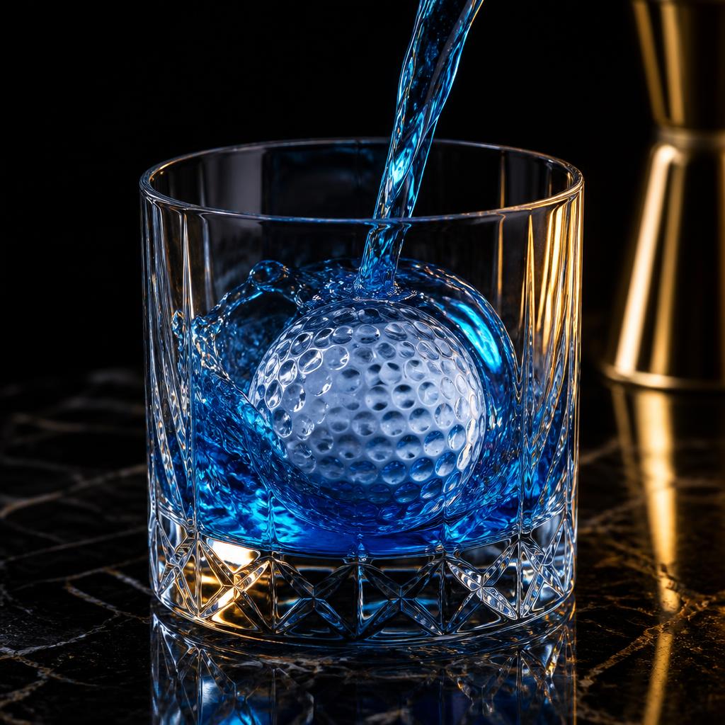 Glacée Icons golf-ball ice — a crystal-clear reusable ice sphere textured like a dimpled golf ball in a cut-crystal lowball glass on dark marble, with vivid electric blue cocktail being poured over it mid-splash