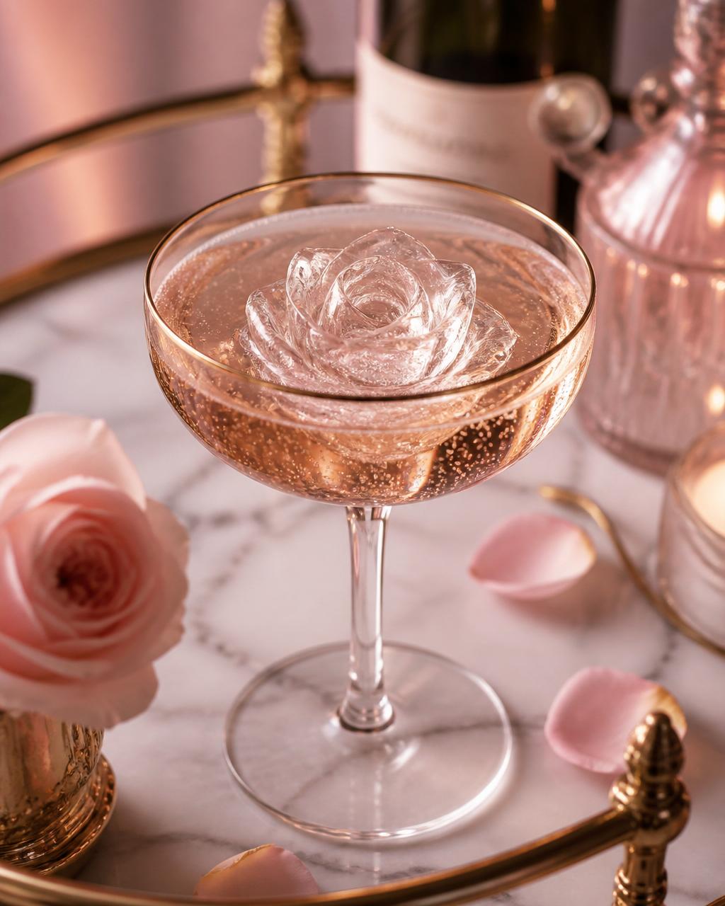 Glacée Gems sculptural ice rose floating in a gold-rimmed champagne coupe with pink rose petals on white marble, soft pink and gold ambient lighting