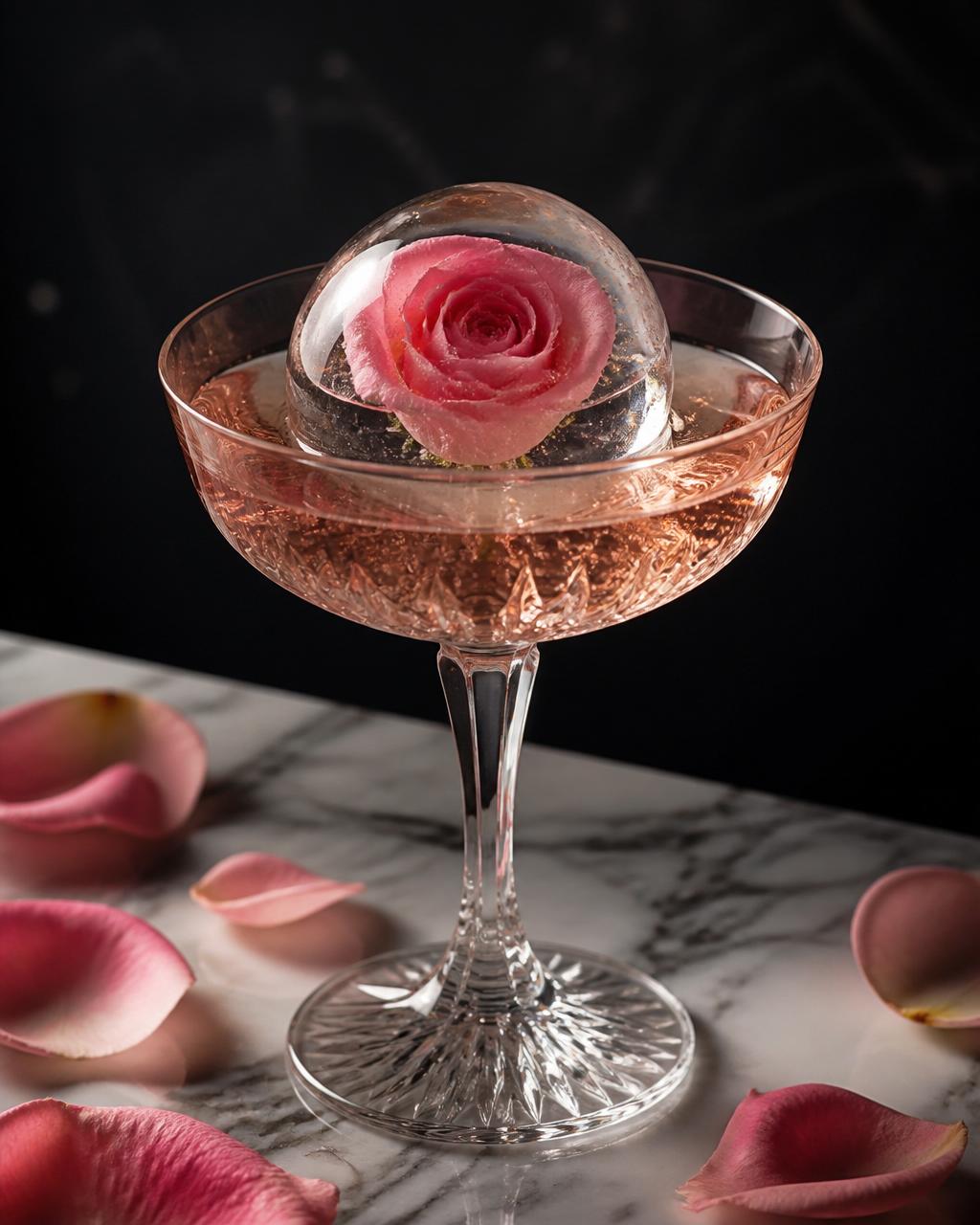 Glacée Enclos rose sphere — a crystal-clear reusable ice ball with a preserved pink rose suspended inside, served in a coupe glass of rosé on white marble