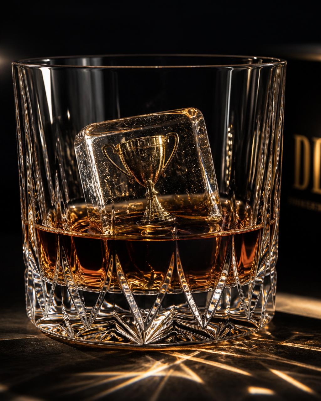 Glacée Icons trophy pour — a crystal whisky tumbler holding a clear ice cube with a miniature gold trophy embedded inside, styled for a game-day bar setup