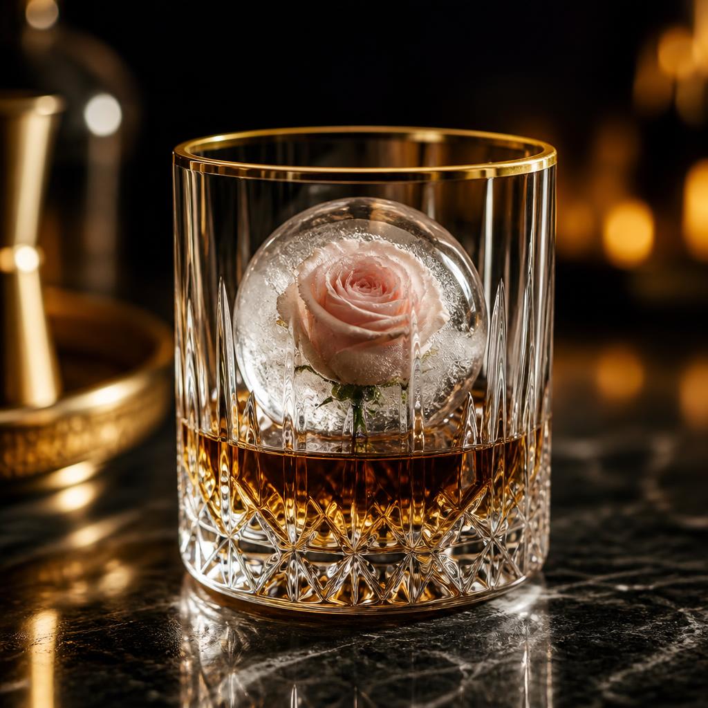Glacee Enclos reusable crystal-clear ice sphere with a delicate cherry blossom suspended inside