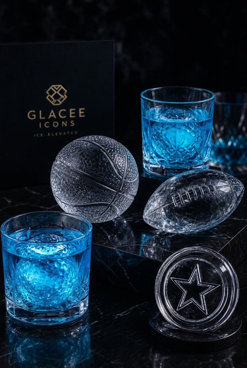 Glacee Icons reusable crystal-clear ice pieces shaped like sports trophies, basketballs and golf balls in whiskey tumblers